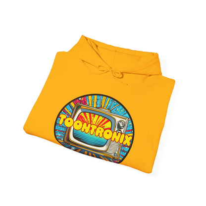 Toontronix TV Hoodie in yellow with colorful TV graphic, unisex heavy blend, cozy and stylish.