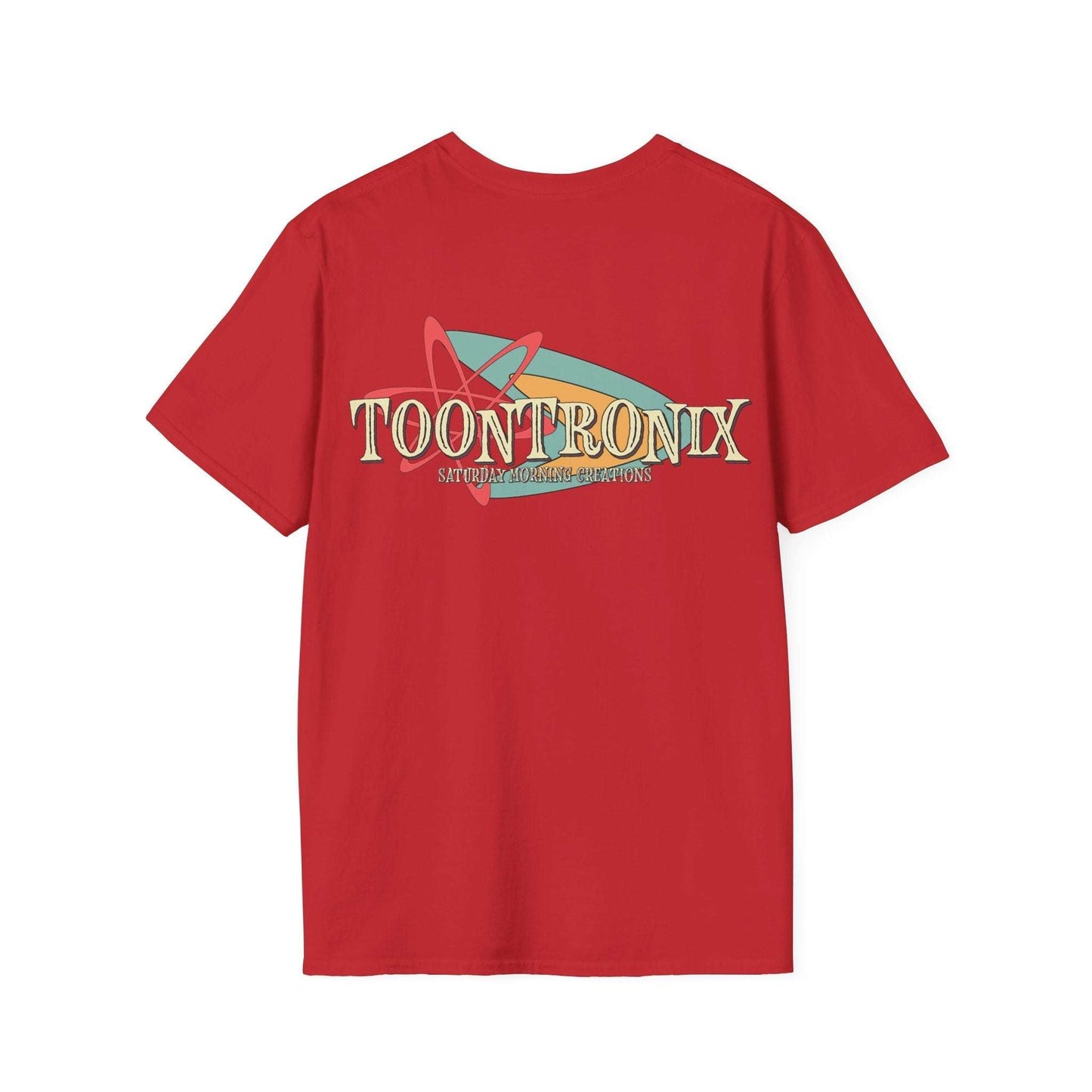 Red Toontronix Retro Logo Tee with a classic fit and ribbed collar, featuring the Toontronix logo on the back.