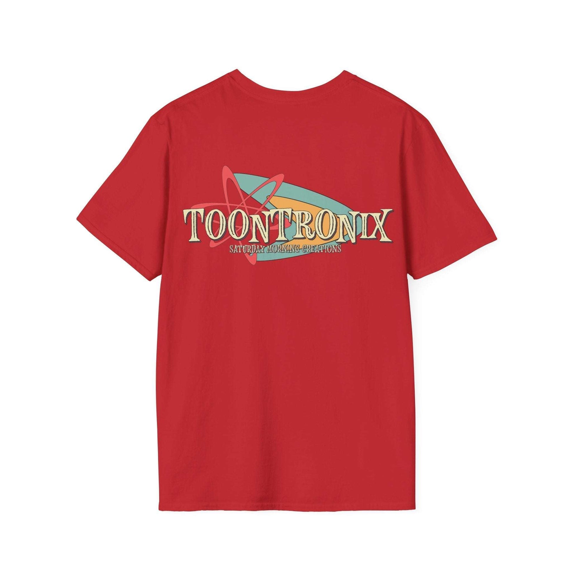 Red Toontronix Retro Logo Tee with a classic fit and ribbed collar, featuring the Toontronix logo on the back.