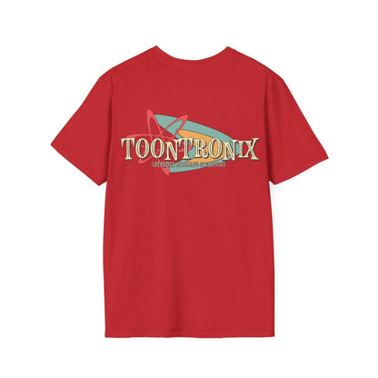 Red Toontronix Retro Logo Tee with a classic fit and ribbed collar, featuring the Toontronix logo on the back.