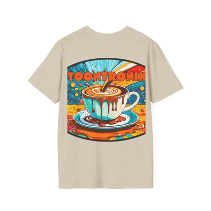 Toontronix Drip Coffee Tee with colorful coffee cup graphic on beige background.