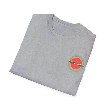 Toontronix Donut Tee Unisex Shirt with logo on folded gray fabric.