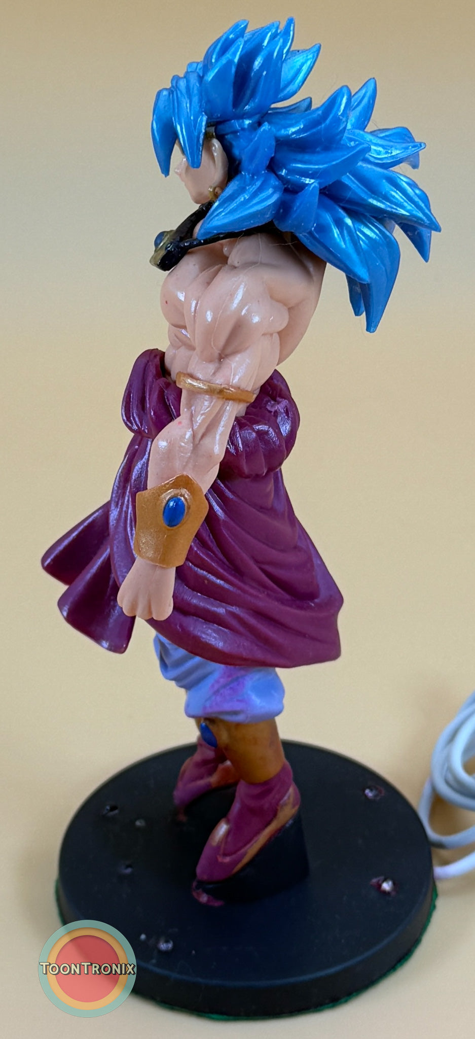 7" Dragonball Z Broly statue desk lamp with USB cord and detailed blue hair and purple outfit on black base