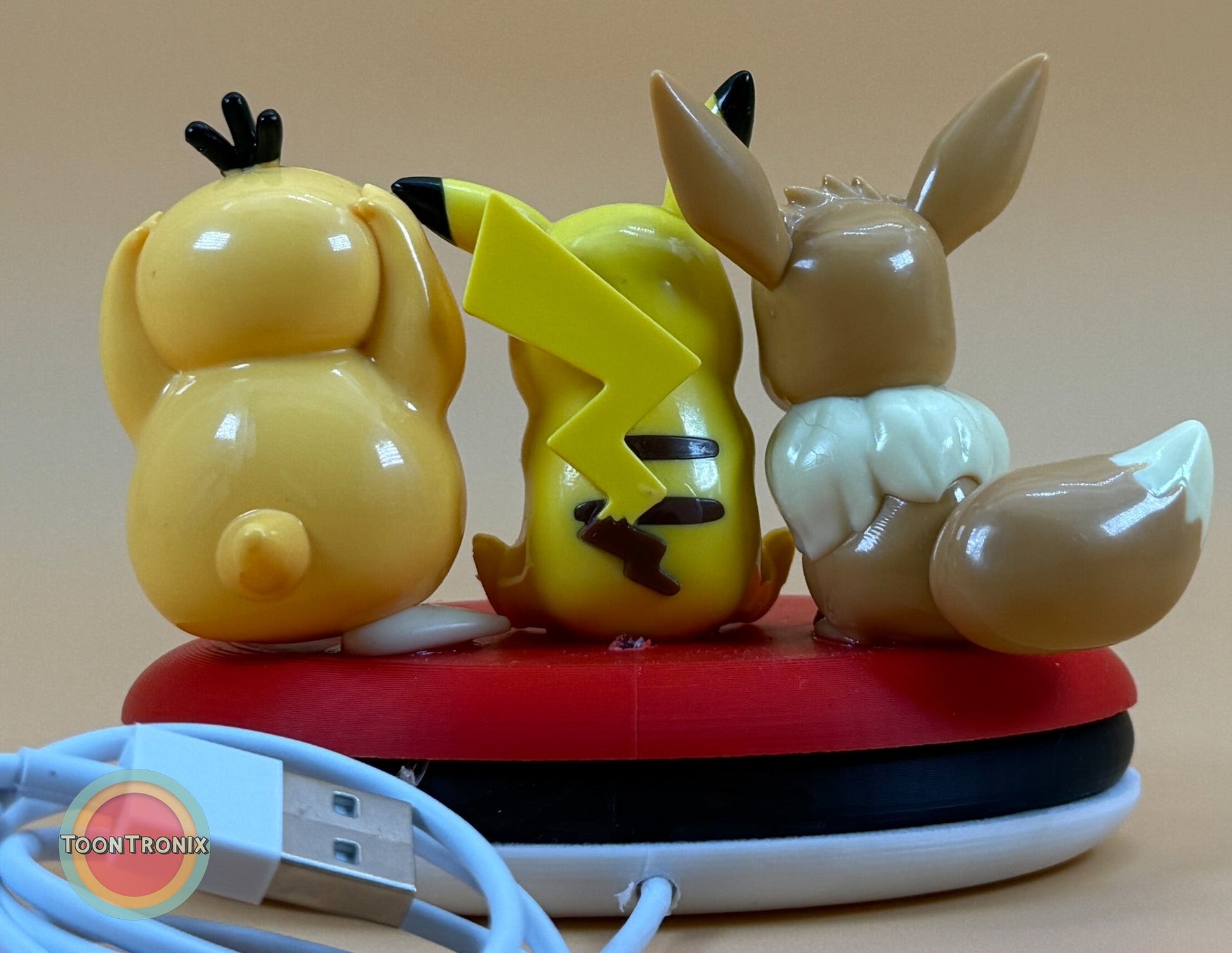 3" Eevee Pikachu Psyduck Friends Pokemon statue desk lamp with built-in USB cord on red and white base