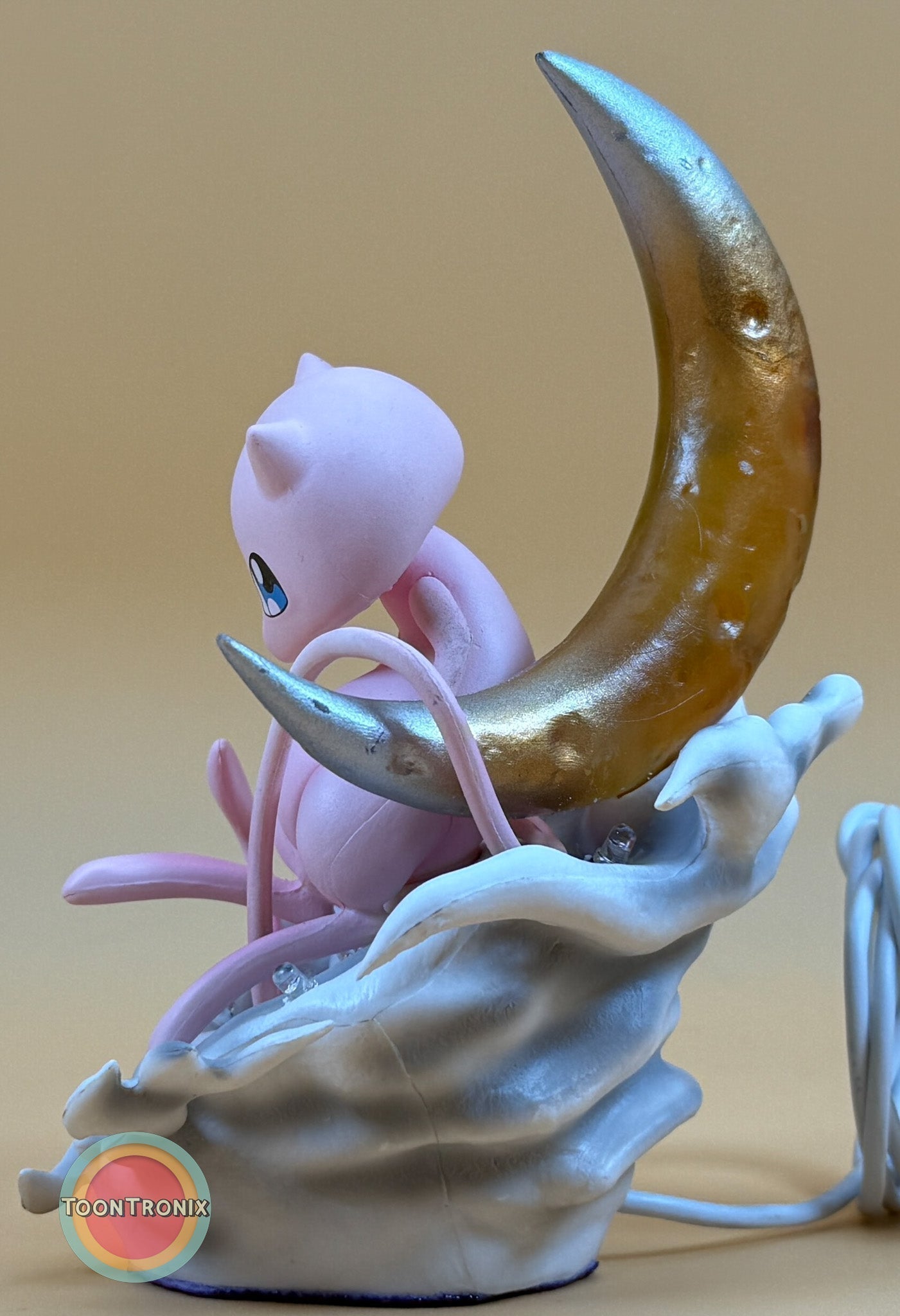 5" Mew Pokémon statue USB desk lamp with golden crescent moon and cloud base