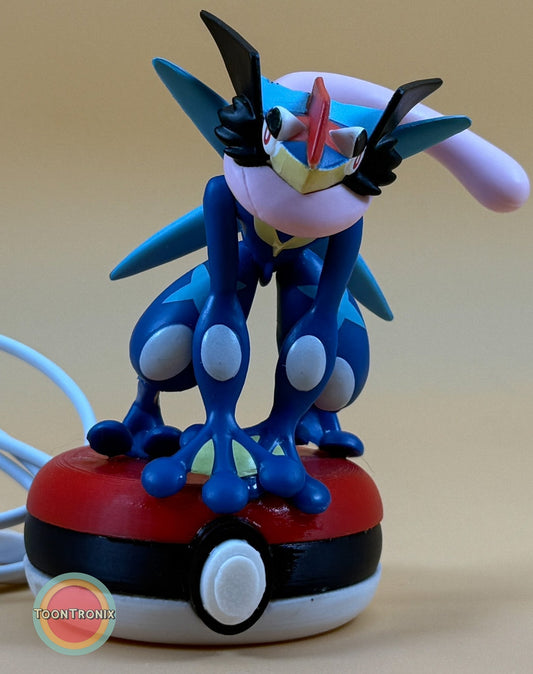 3" Greninja Pokémon statue USB desk lamp on Poké Ball base with built-in USB cord