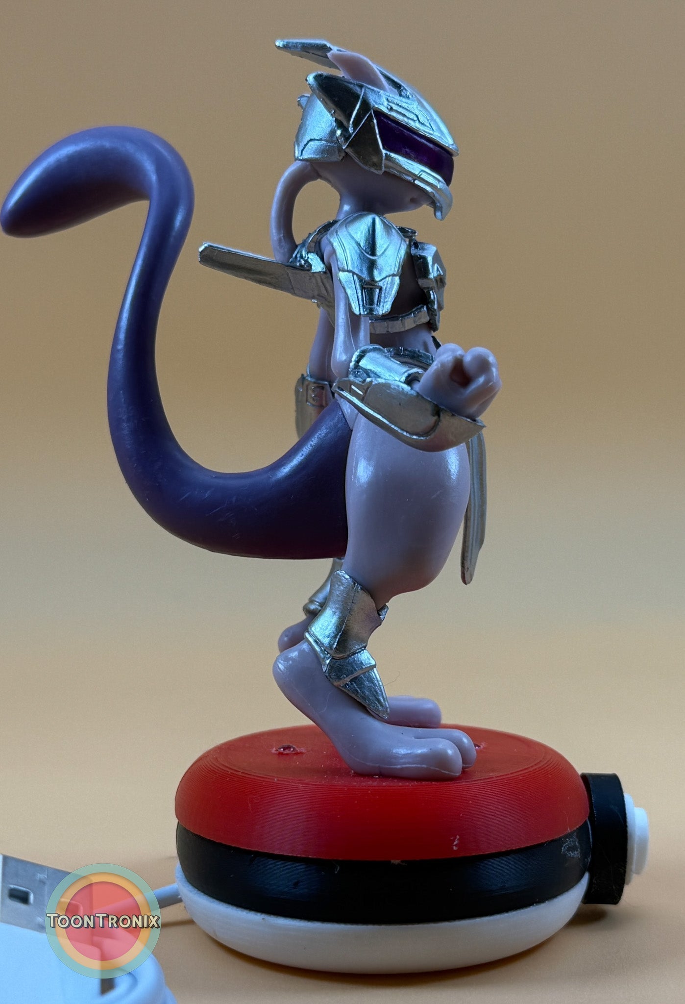 5" Mewtwo Pokemon statue USB desk lamp with detailed armor on Pokeball base and built-in USB cord