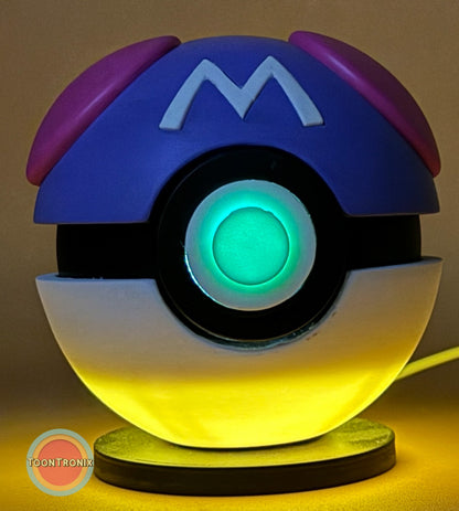 4.5" and 5.8" Pokeball Premier Ball Master Ball USB desk lamp with wood-like finish and glowing center