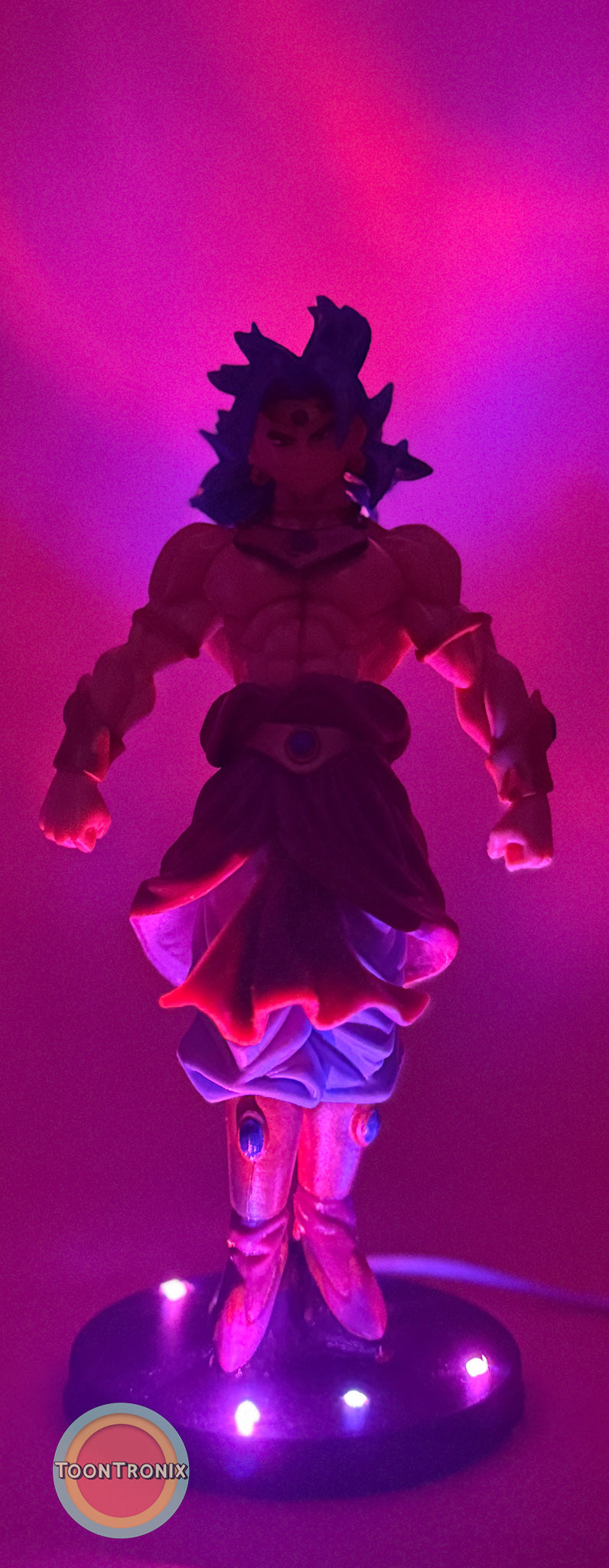7" Dragonball Z Broly statue desk lamp with built-in USB cord illuminated in purple light