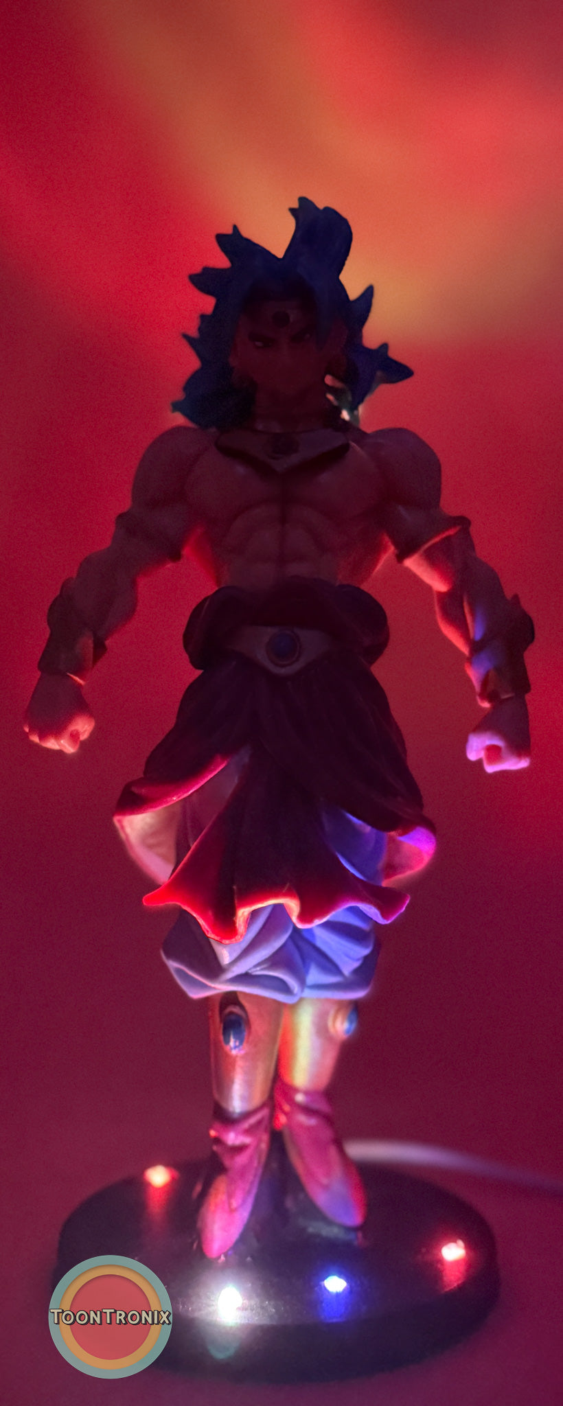 7" Dragonball Z Broly statue desk lamp with built-in USB cord illuminated in red and purple light