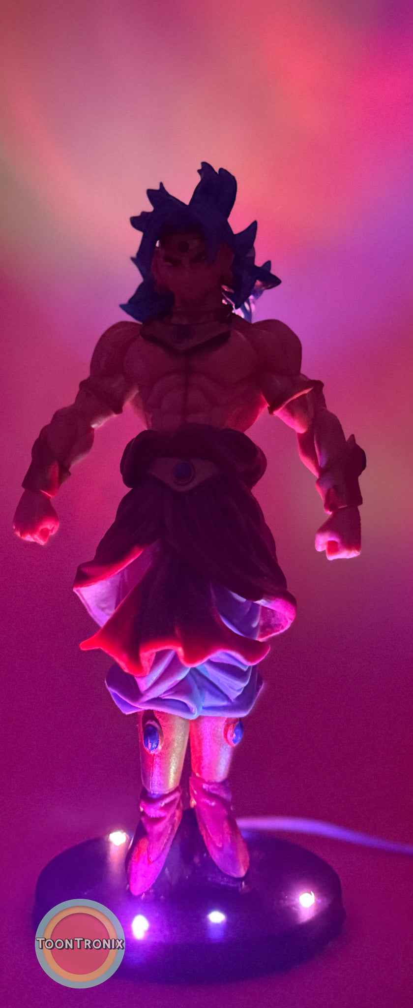 7" Dragonball Z Broly statue USB desk lamp with colorful glowing base and illuminated figure against vibrant background