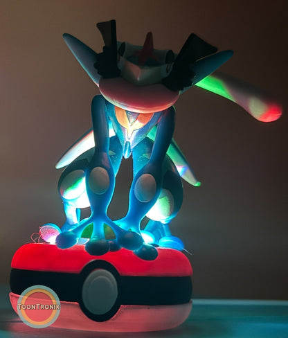 3" Greninja Pokémon statue USB desk lamp glowing on Pokéball base