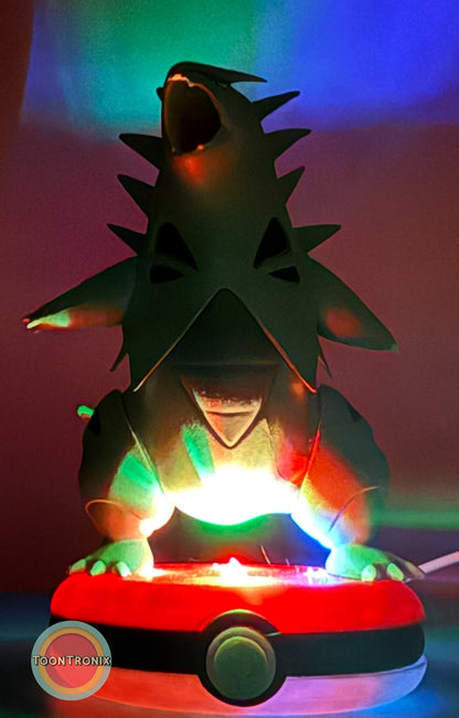5" Tyranitar desk lamp with built-in USB, glowing multi-color light, and Pokeball base