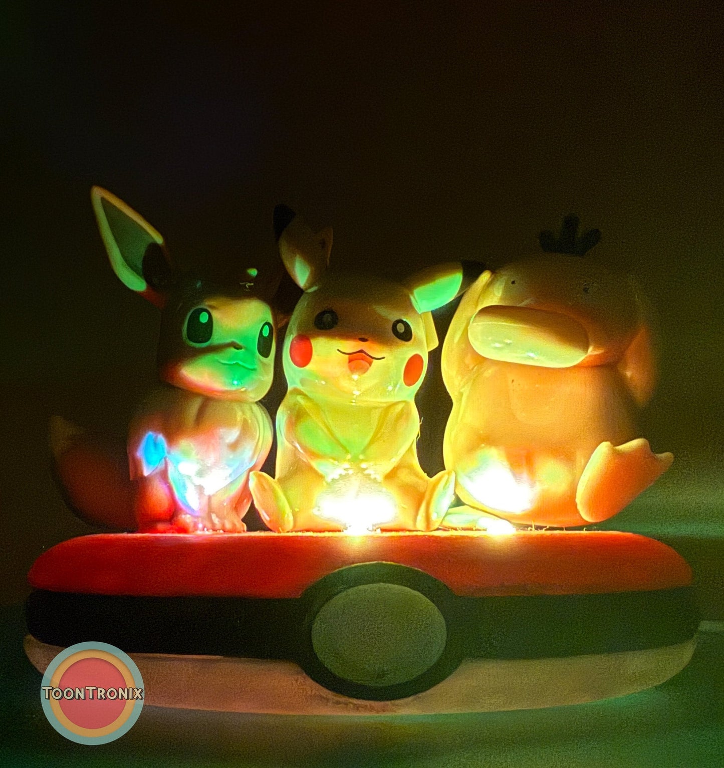 3" Eevee Pikachu Psyduck friends Pokemon statue USB desk lamp glowing on Pokeball base