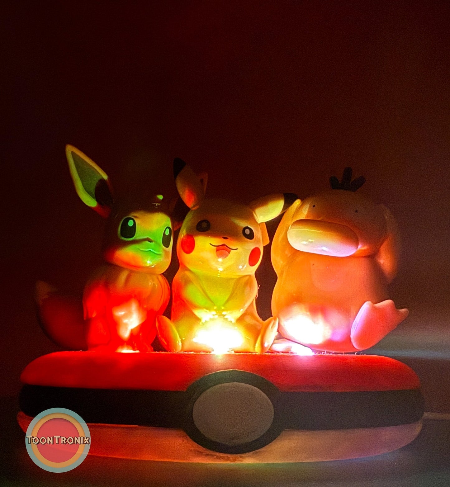 3" Eevee Pikachu Psyduck Friends Pokemon statue USB desk lamp glowing on a Pokeball base
