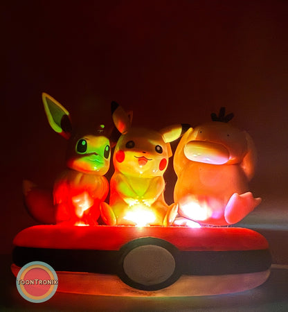 3" Eevee Pikachu Psyduck Friends Pokemon statue USB desk lamp glowing on a Pokeball base