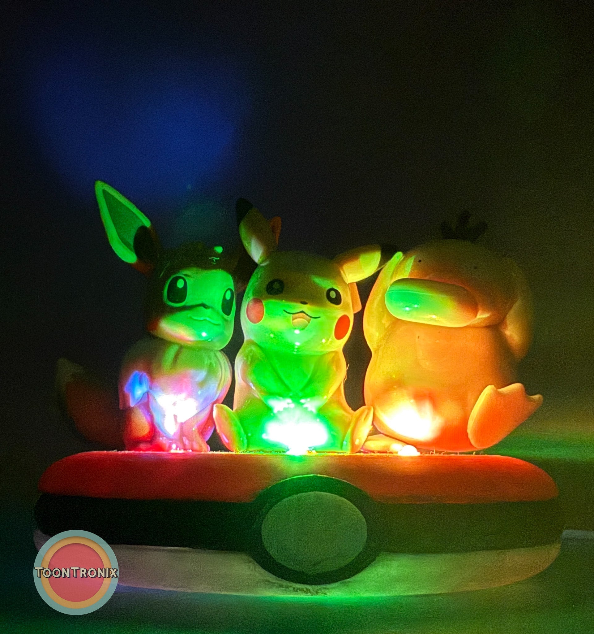 3" Eevee Pikachu Psyduck Friends Pokemon statue desk lamp with USB, glowing colorful light on Pokeball base
