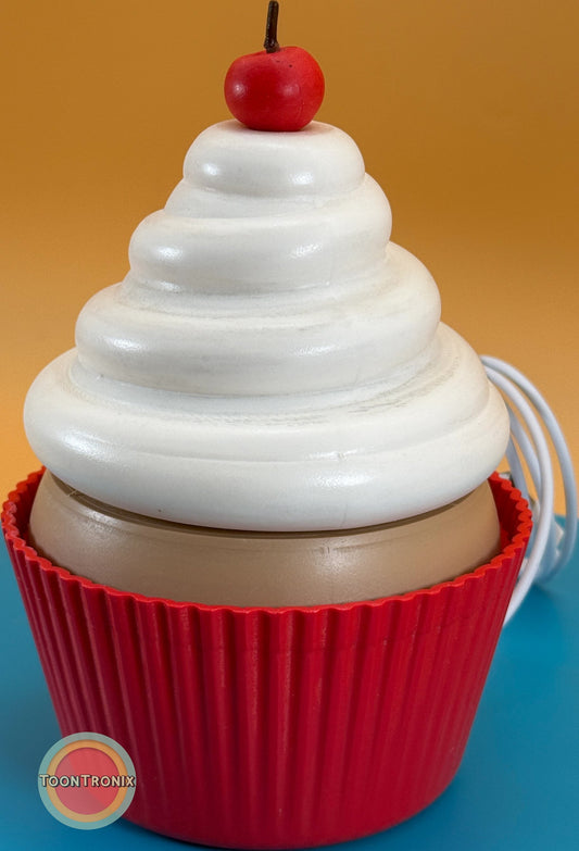 6 or 9 inch cupcake shaped desk lamp with white swirl top, red base, and cherry on top, featuring built-in USB cord