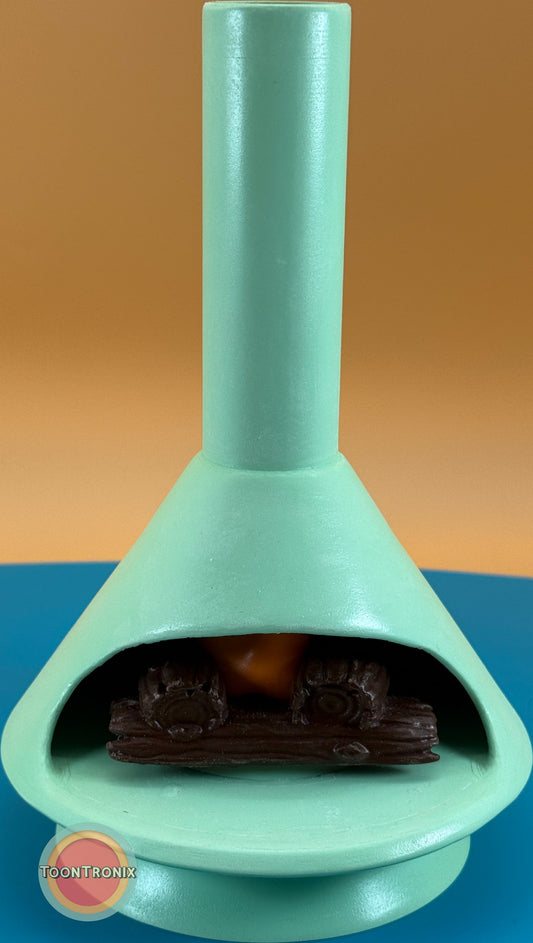 Retro Fireplace Desk Lamp in turquoise with cartoon-style wood logs and built-in USB power cord