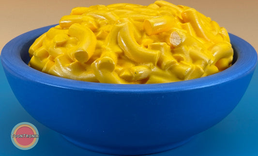 Blue bowl shaped 6 or 9 inch Mac & Cheese Desk Lamp with bright yellow macaroni design on top