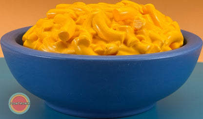 Blue bowl-shaped Mac & Cheese Desk Lamp with vibrant yellow retro cartoon design