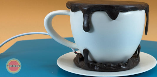 6" or 9" coffee desk lamp shaped like a white cup with dripping dark brown coffee design and built-in USB cord on a blue surface