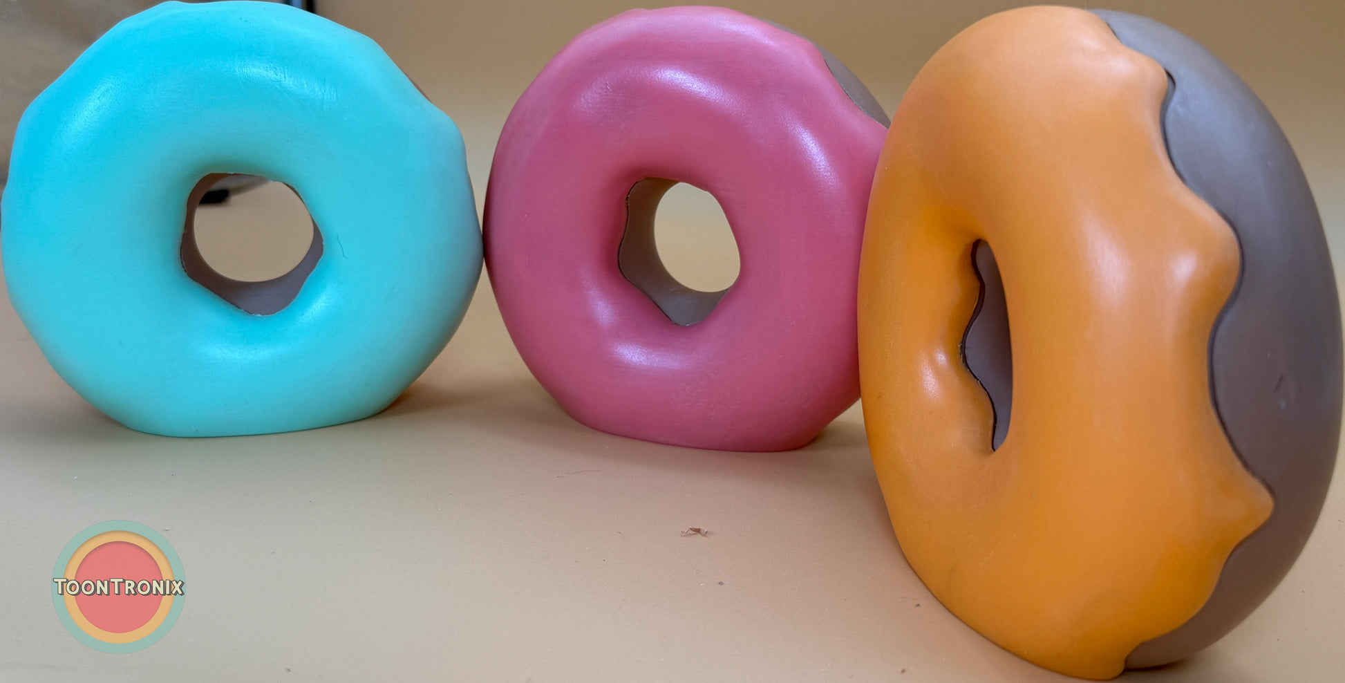 Colorful Retro Donut Desk Lamps in blue, pink, and orange with USB power cord, available in 6" or 9" sizes