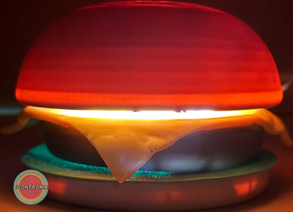 6 or 9 inch burger-shaped desk lamp with warm glowing light and retro cartoon style