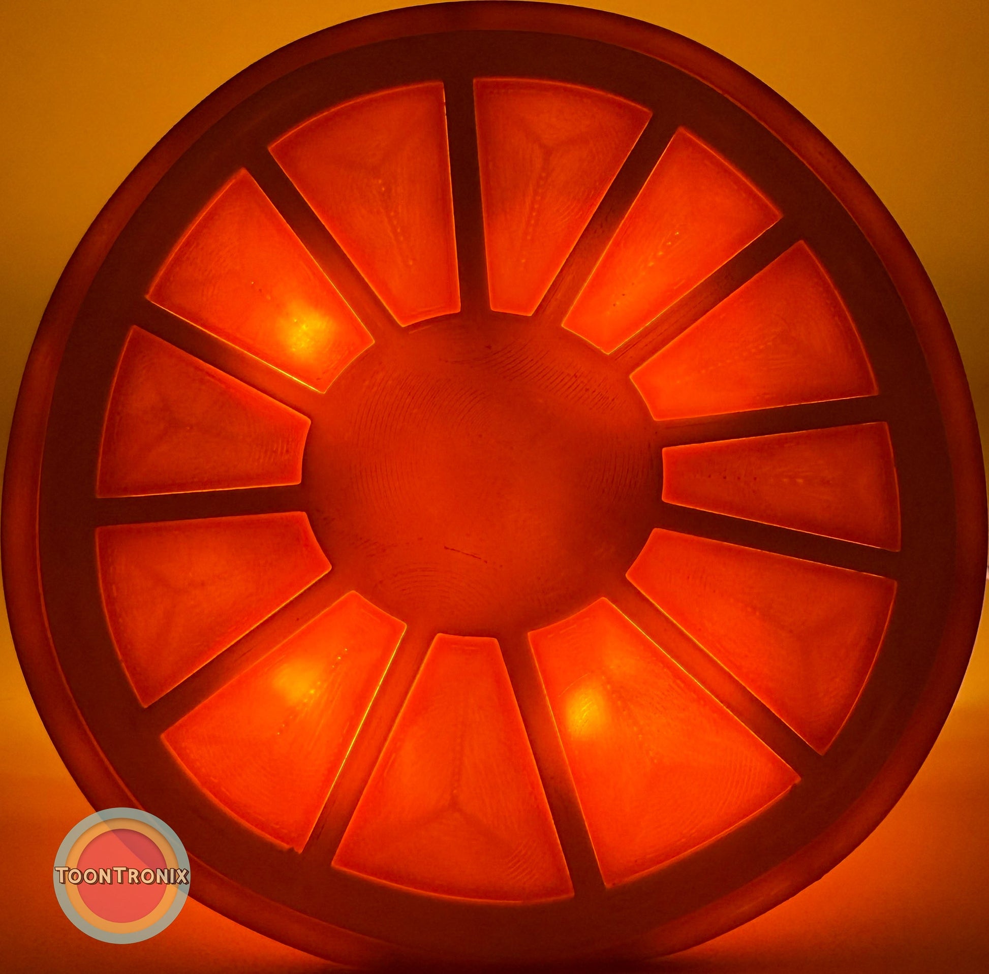 Orange desk food lamp shaped like a glowing orange slice with vibrant retro design and woodified finish