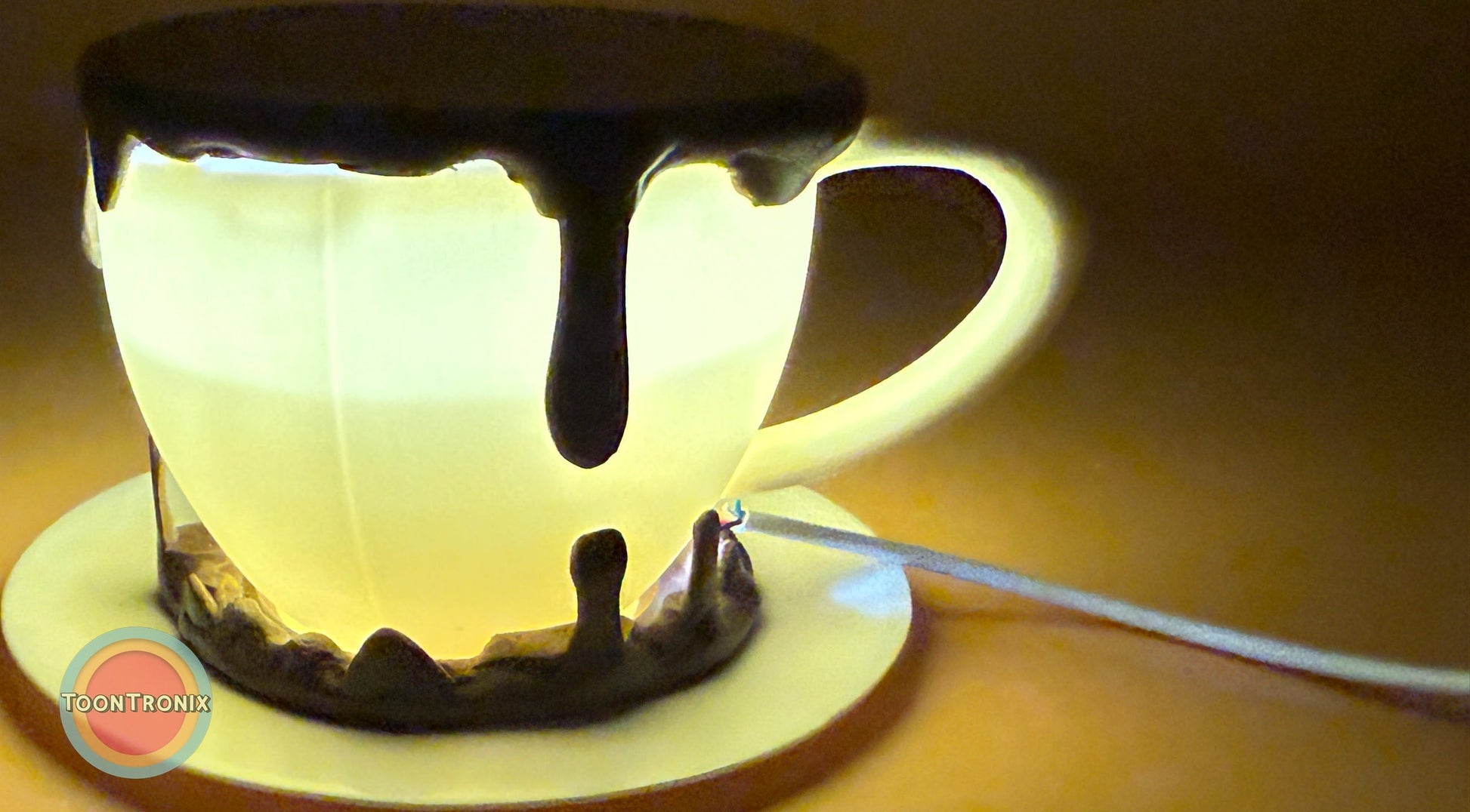 6" or 9" coffee desk lamp shaped like a glowing cup with dripping chocolate design and USB cord