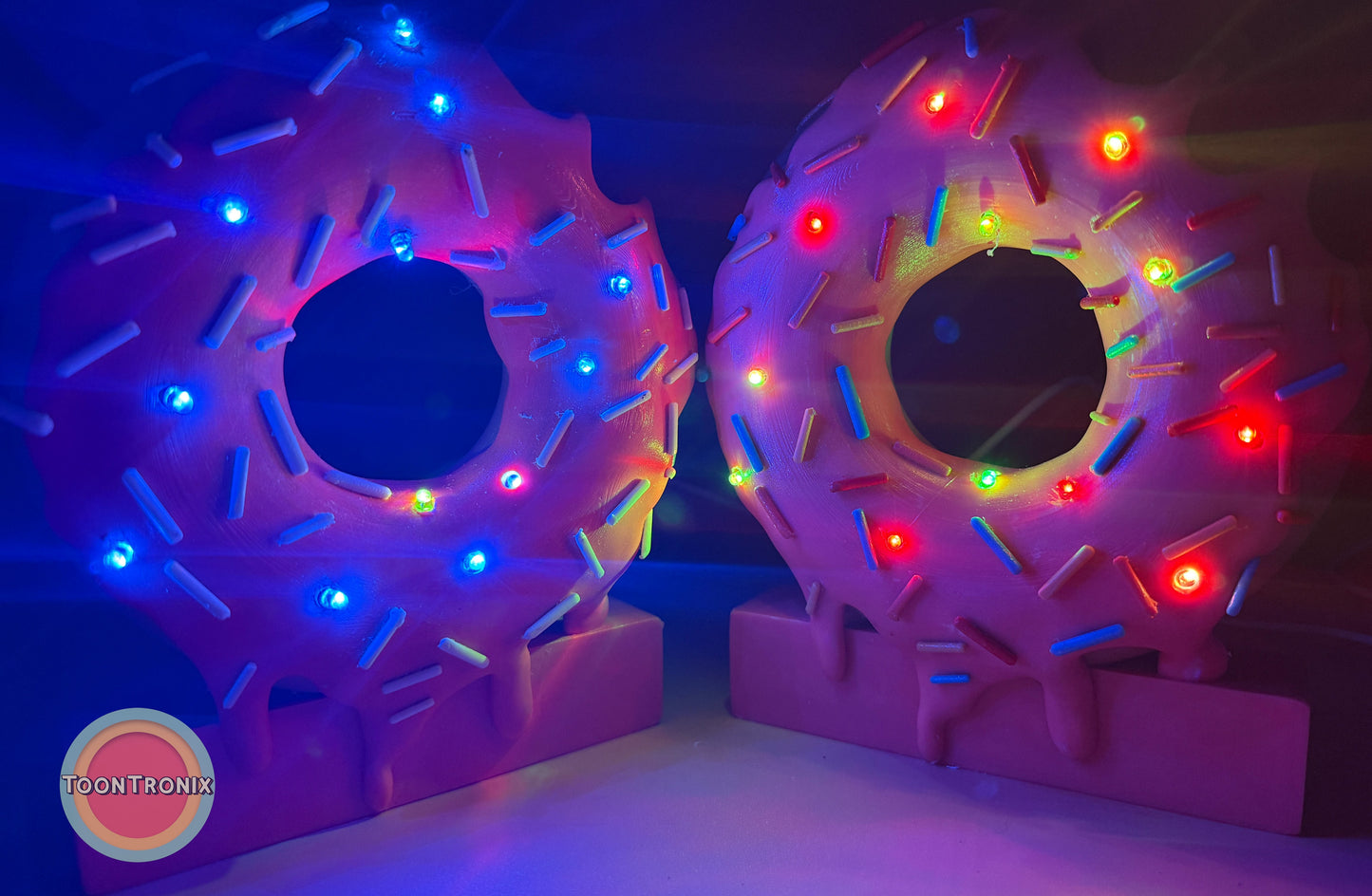 6" or 9" donut-shaped desk lamps with colorful LED sprinkles, retro cartoon style, USB powered