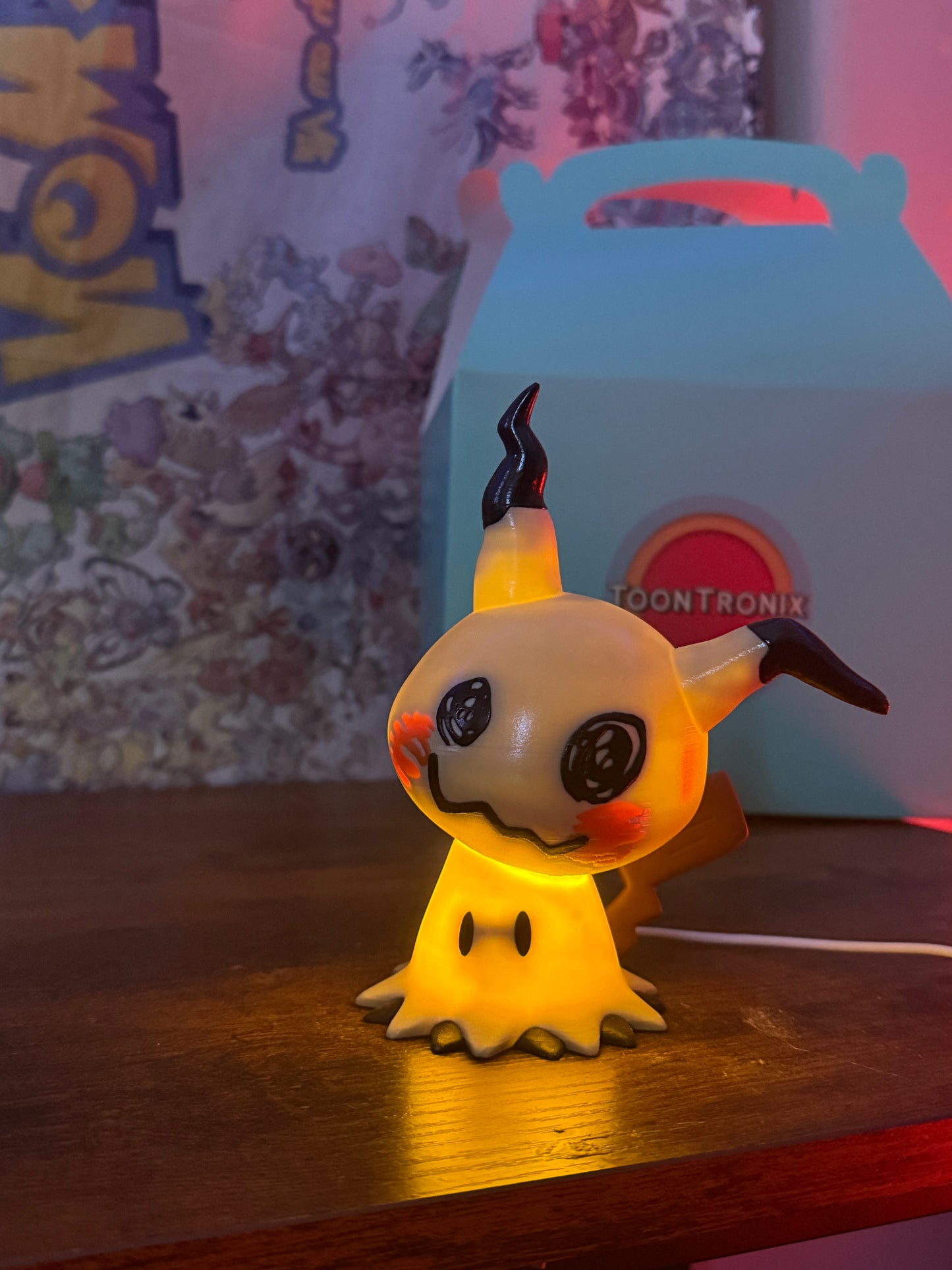 6-inch tall Mimikyu Pokemon statue USB desk lamp with LED light and wood-like finish