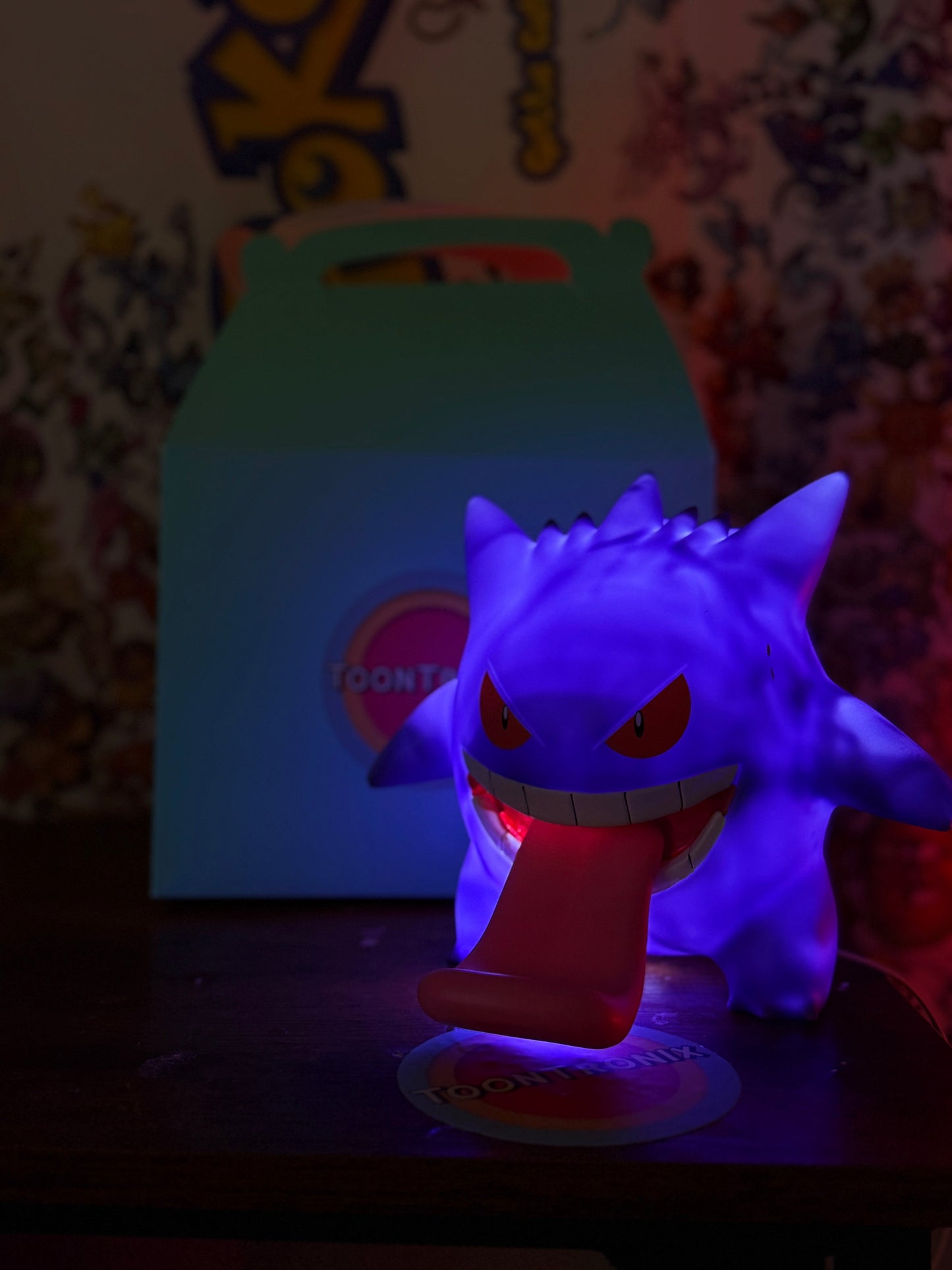7.8" Gengar with tongue out LED USB desk lamp glowing purple in dark room