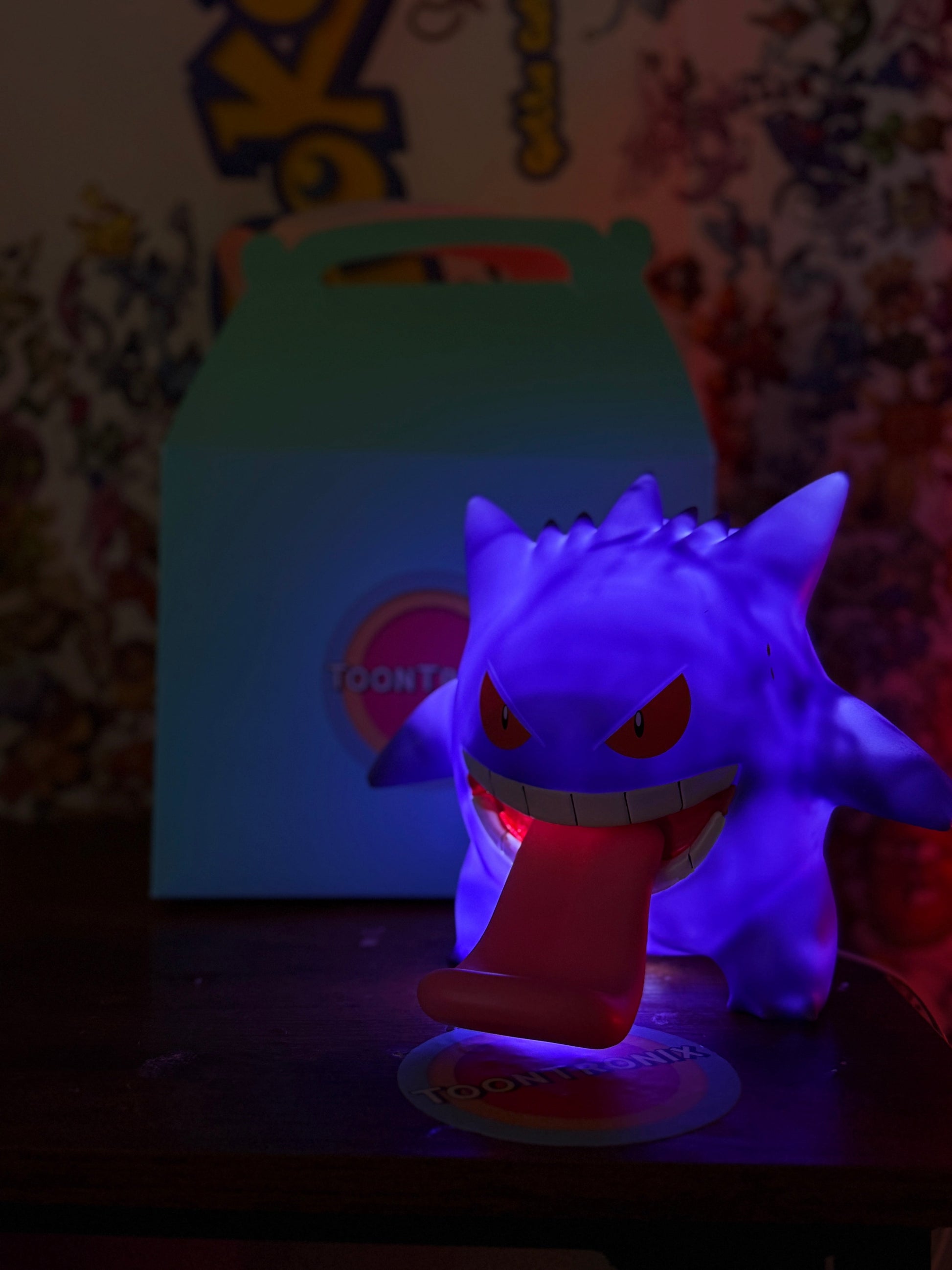 7.8" Gengar with tongue out LED USB desk lamp glowing purple in dark room