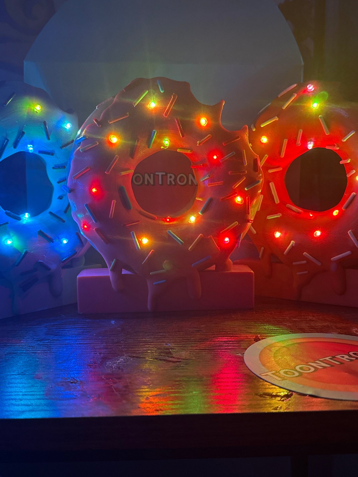 LED donut desk lamps with colorful sprinkles in 6" or 9" sizes, USB powered cartoon decor